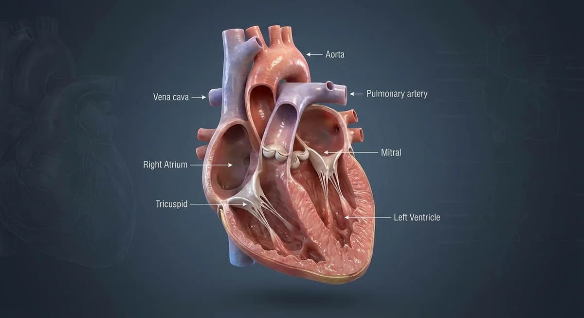 3D anatomy illustration of heart cross-section showing chambers and valves