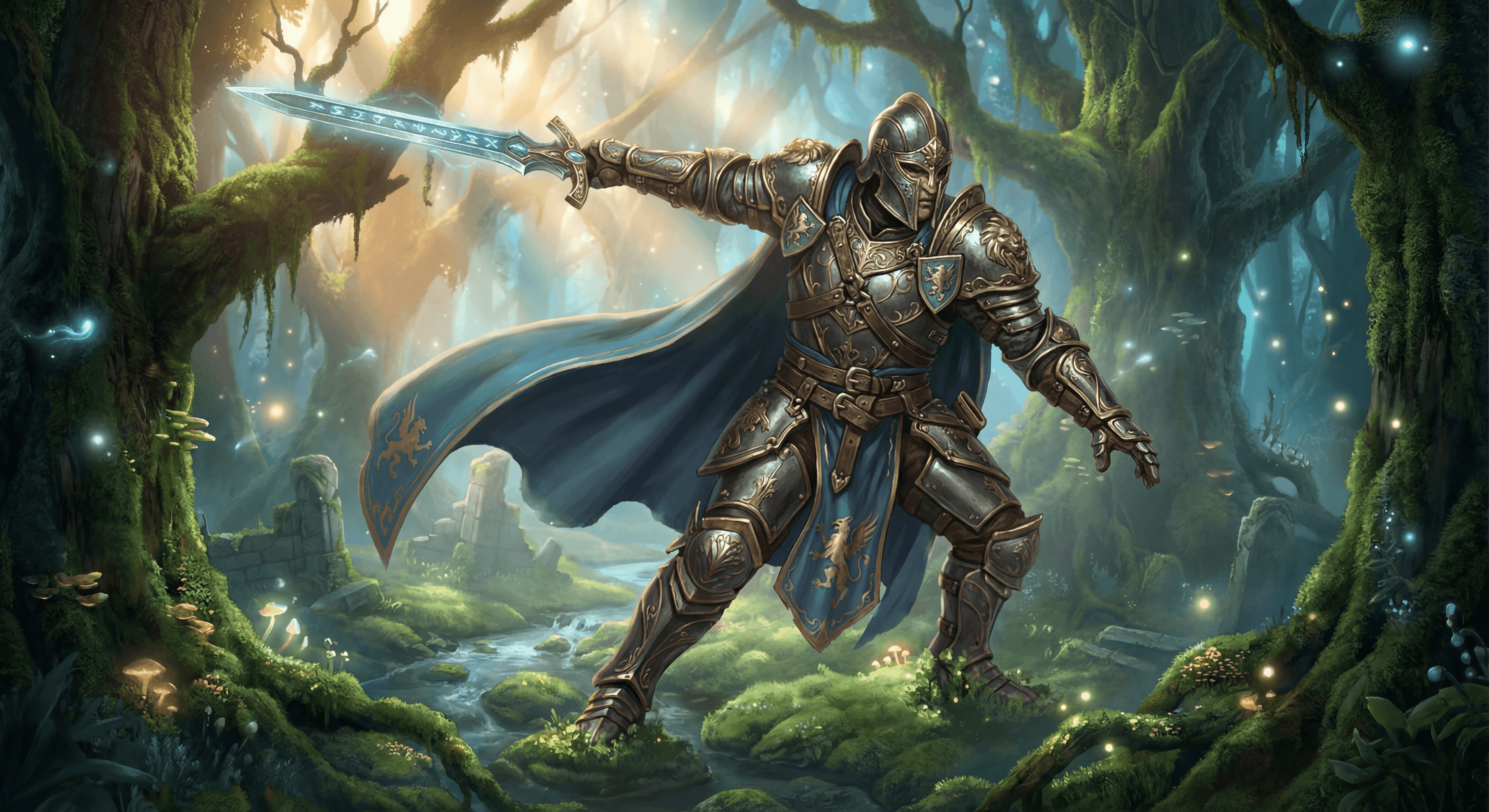 Game character in fantasy environment with magical effects