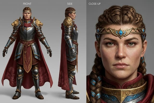 Character turnaround sheet for fantasy game character with front, side, back views and detailed face close-up