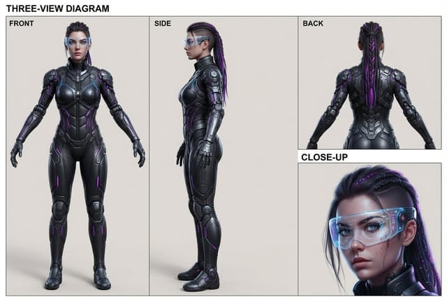 Sci-fi character turnaround sheet with detailed front, side, back views and facial reference
