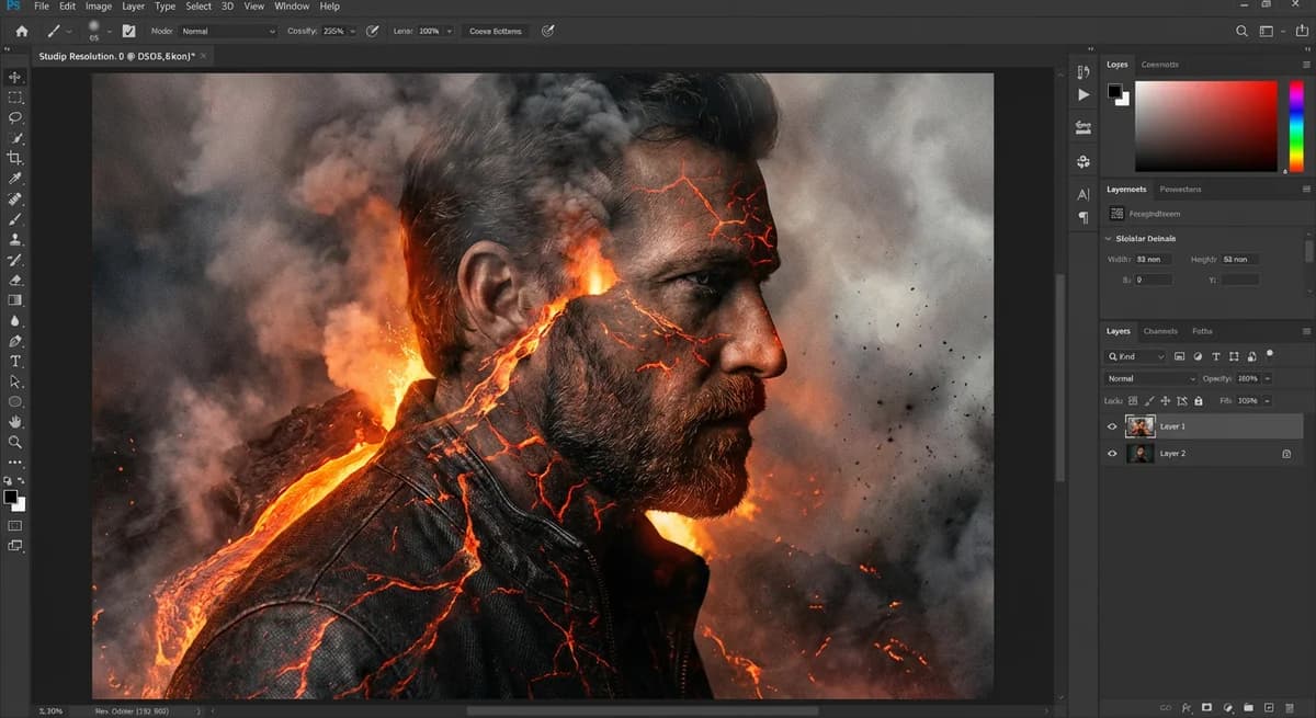 Phoenix Rising - Double exposure portrait with Fire/Volcanic