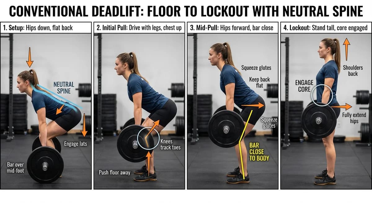 Conventional deadlift from floor to lockout