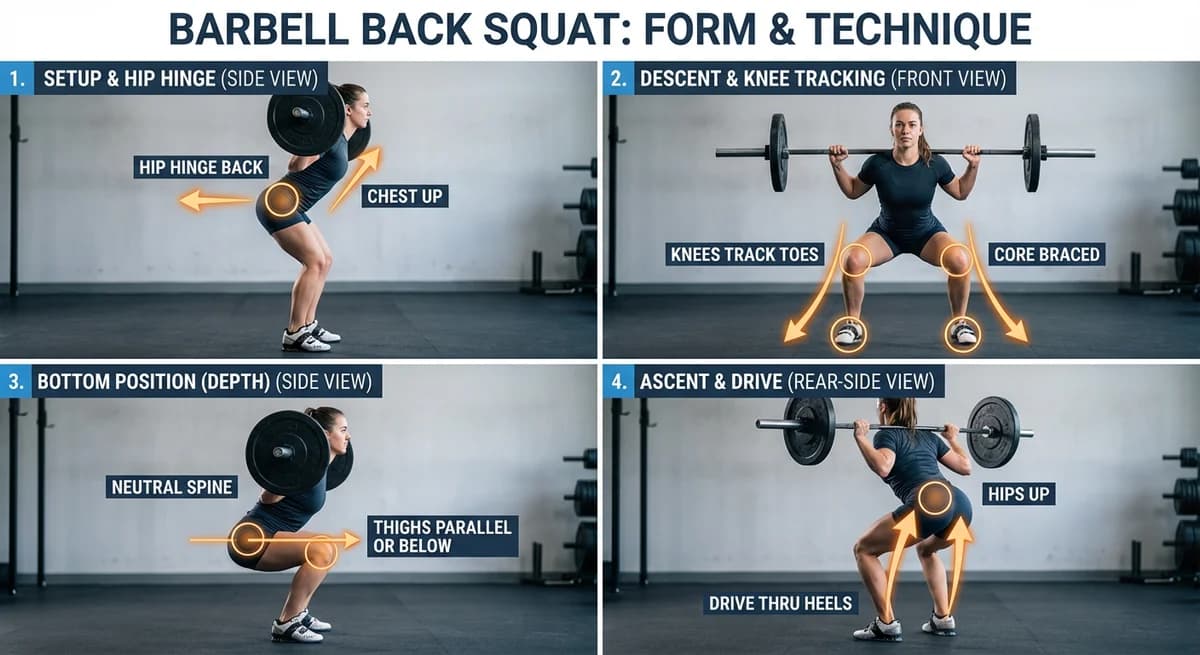 Barbell back squat with depth and knee tracking