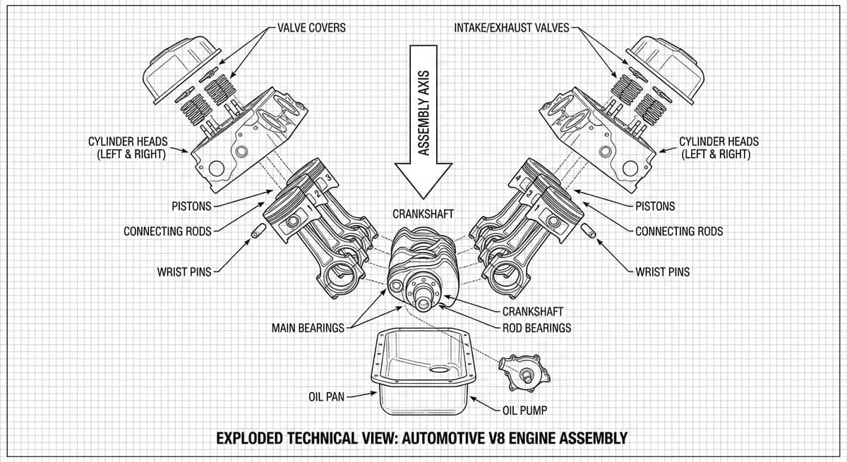 V8 Engine - Schematic exploded view
