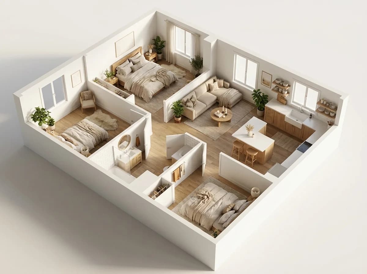 2-Bedroom Apartment - Scandinavian style floor plan rendering