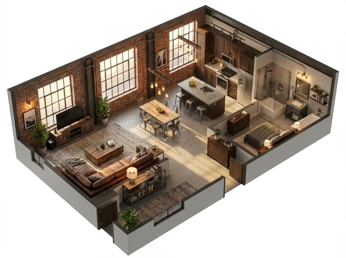Open-Concept Living - Industrial style floor plan rendering