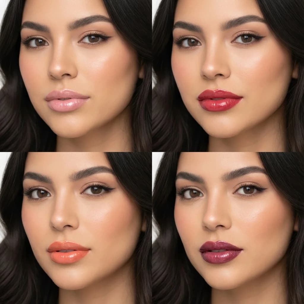 Glossy lips AI generated example showing 2x2 grid with red glossy lips variations