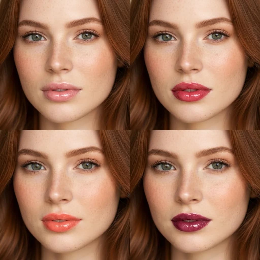 Glossy lips AI generated example showing 2x2 grid with coral glossy lips variations