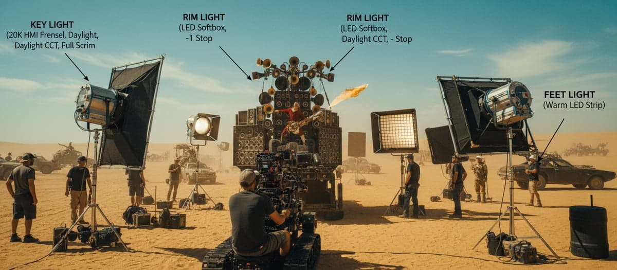 Lighting diagram from Mad Max showing natural sunlight and reflector positions