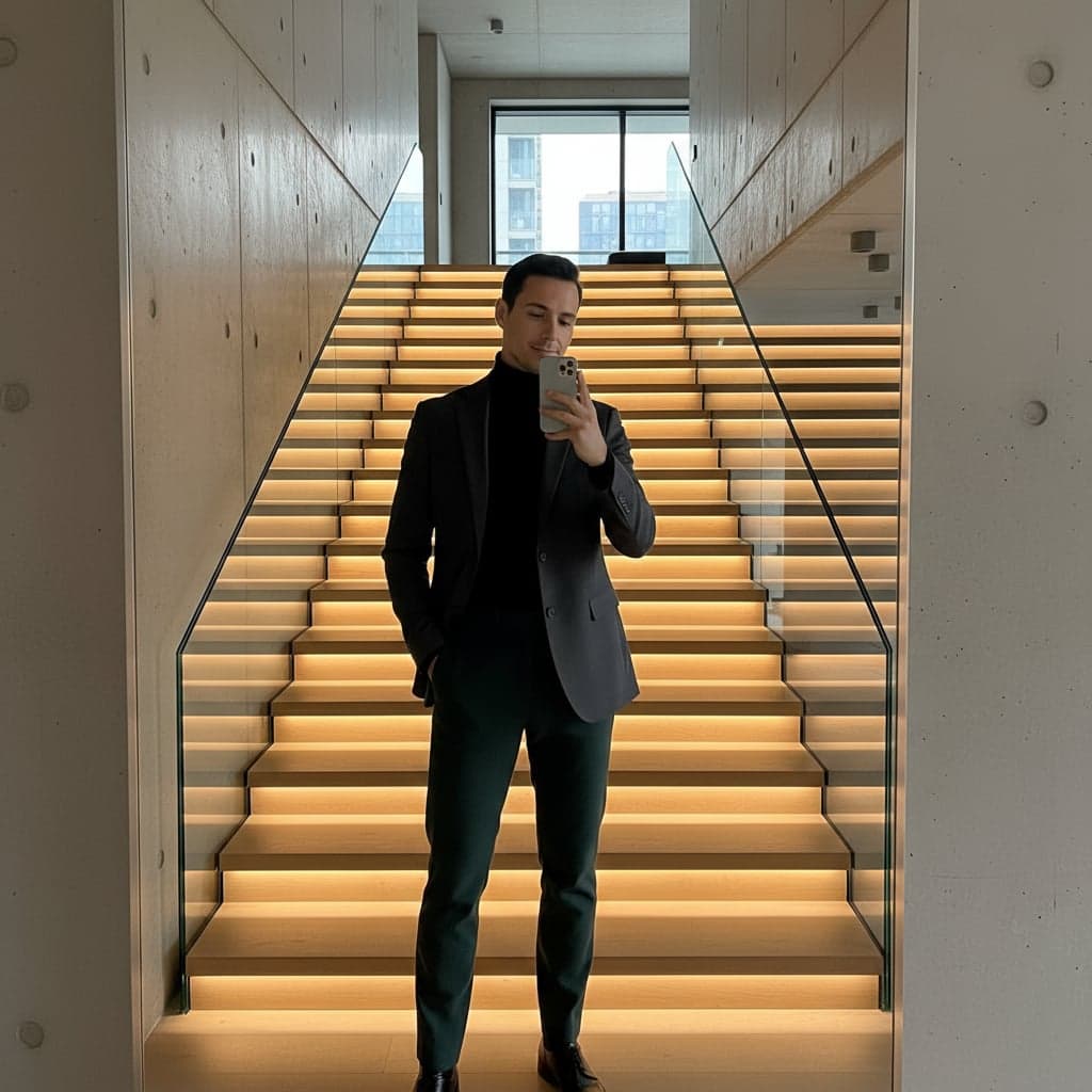 Influencer-style mirror selfie in LED staircase - AI