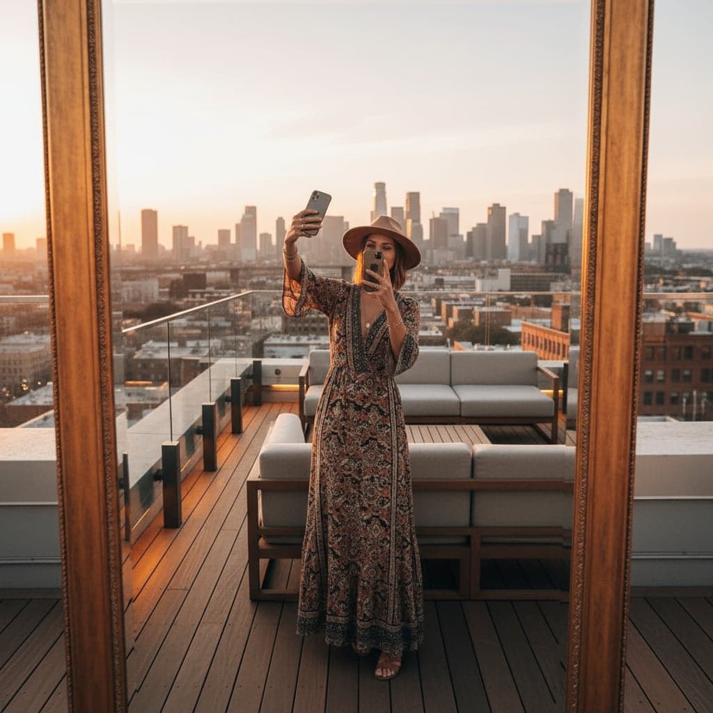 AI mirror selfie on luxury rooftop with city skyline