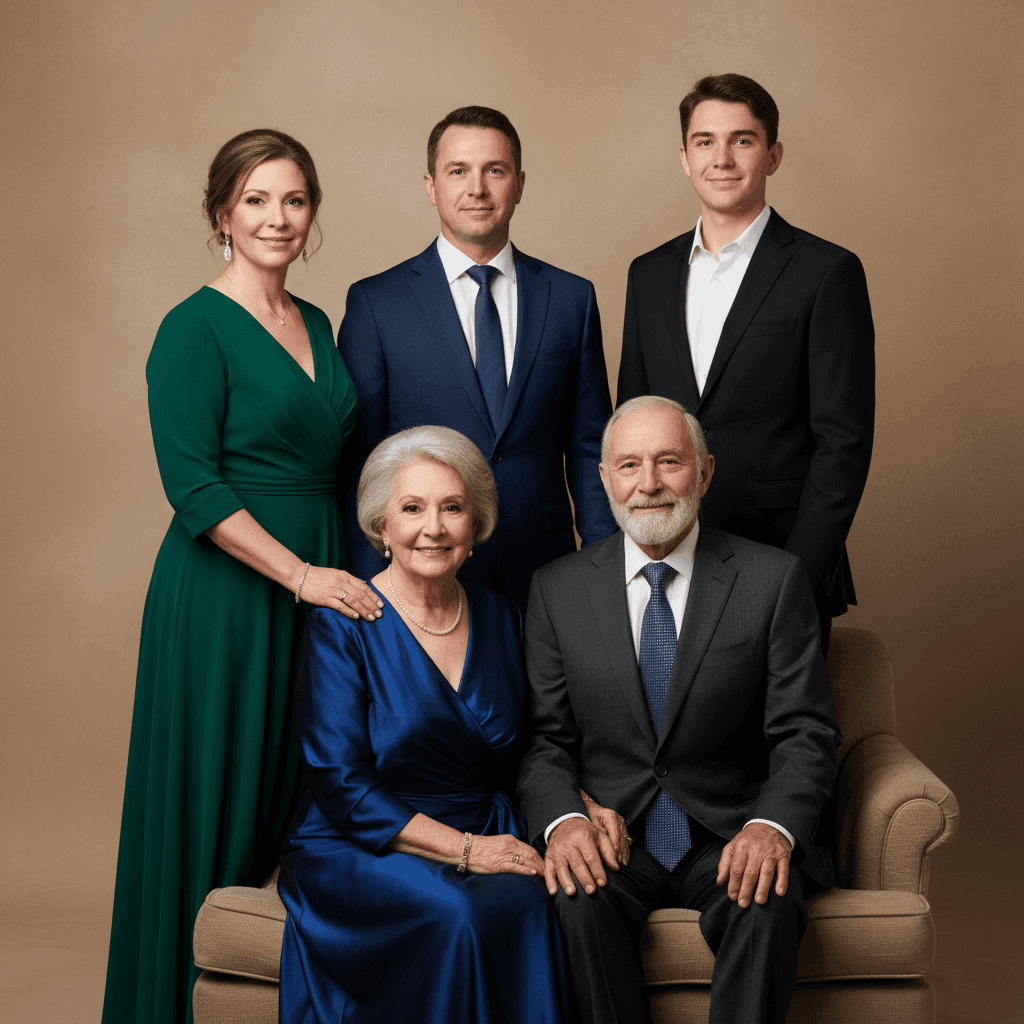 Three generations family portrait with dramatic spotlight