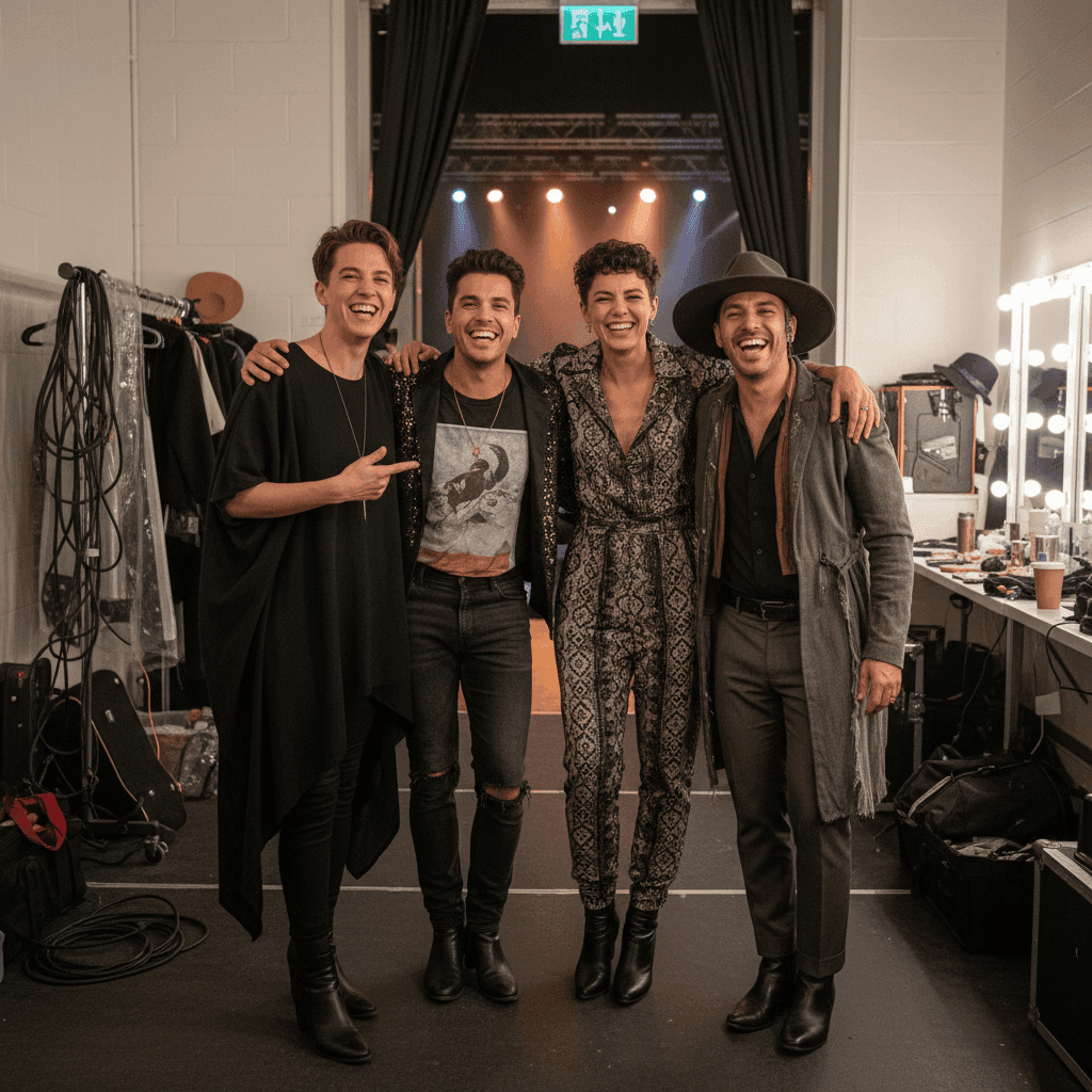 Four performers backstage with rim lighting separation