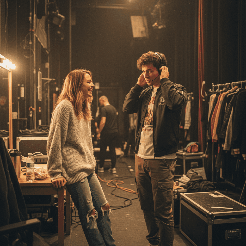 Two performers in vintage dressing room with patterned shadows