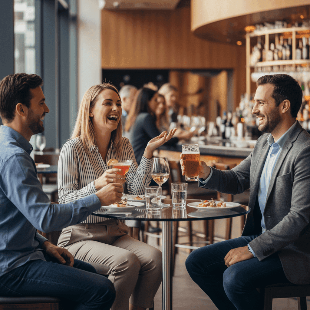 Three people at bar with dramatic rim lighting