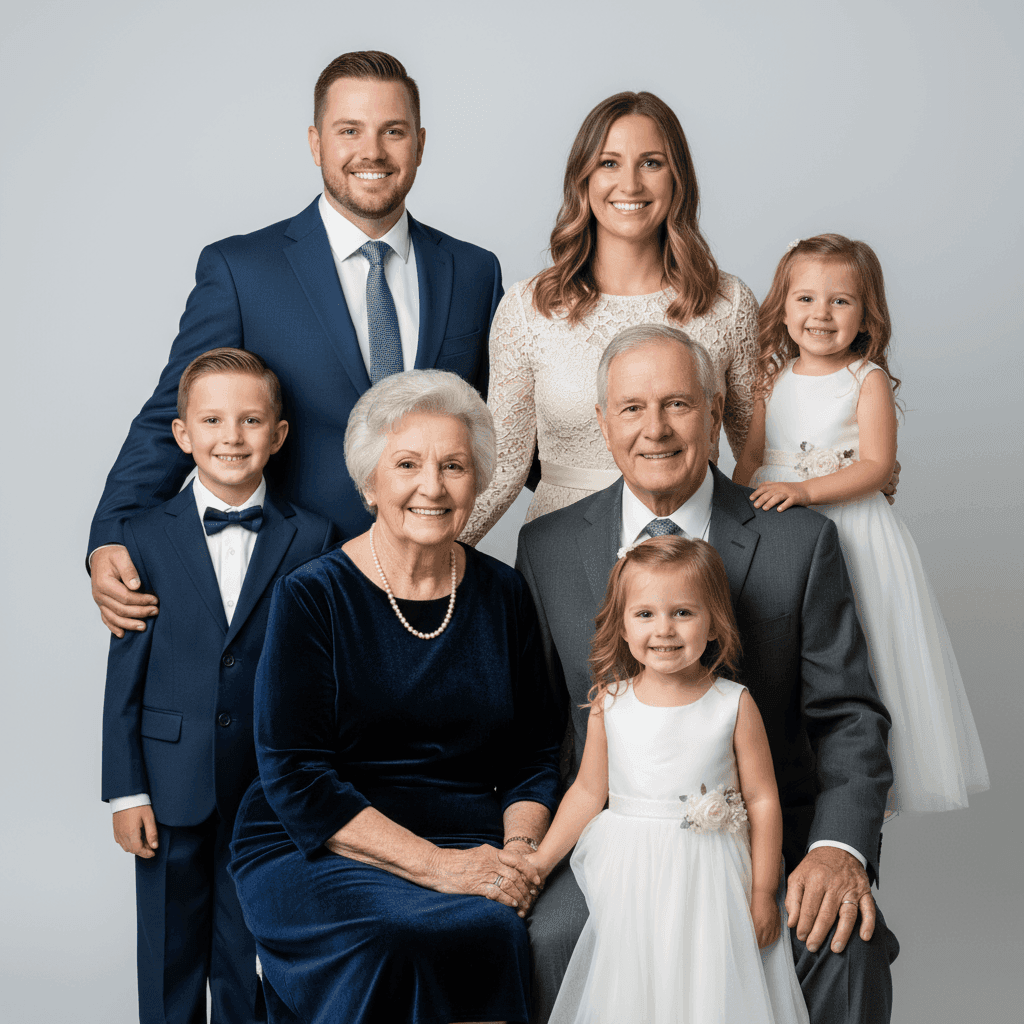 Five family members in classic Hollywood studio portrait