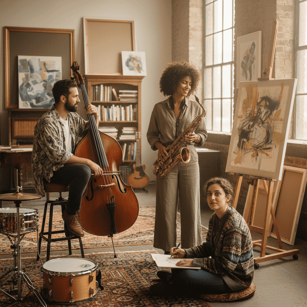 Three jazz performers in nightclub with venetian blind shadows