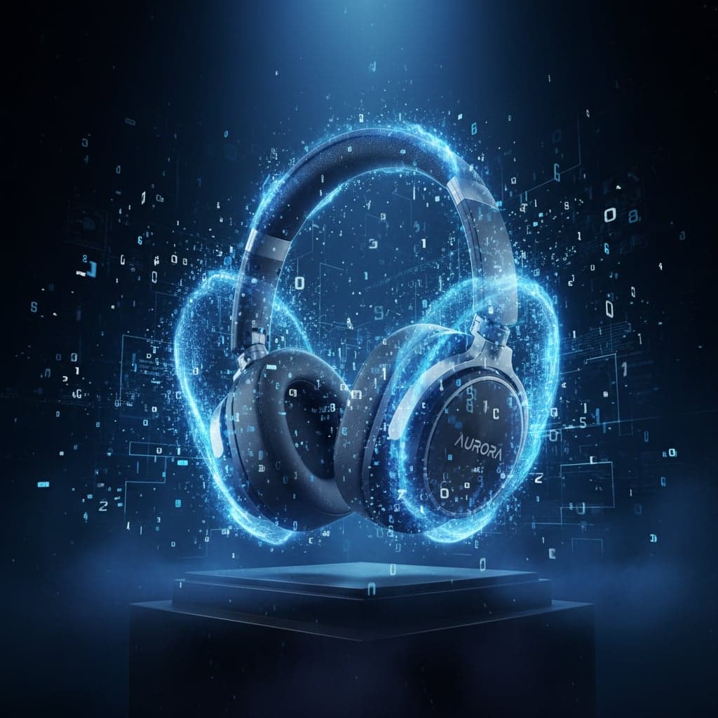 Cinematic wireless headphones hero shot with digital particles, circuit patterns, and blue atmospheric effects - AI-generated product photography by Nano Banana