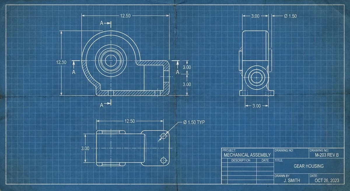 Engineering blueprint with grid and dimension lines
