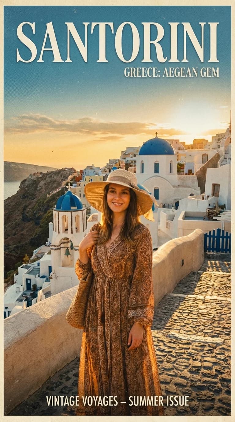 AI-generated travel poster: Santorini Sunset - Santorini, Greece