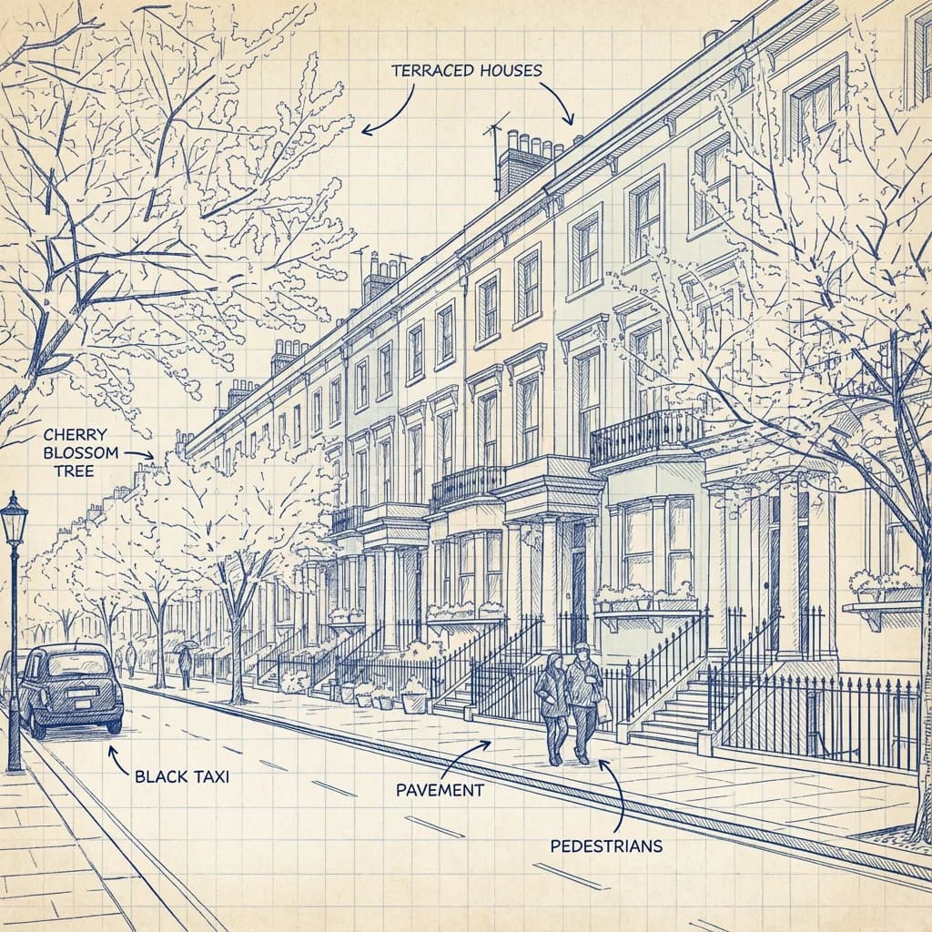 Urban sketch of Notting Hill in loose sketch style