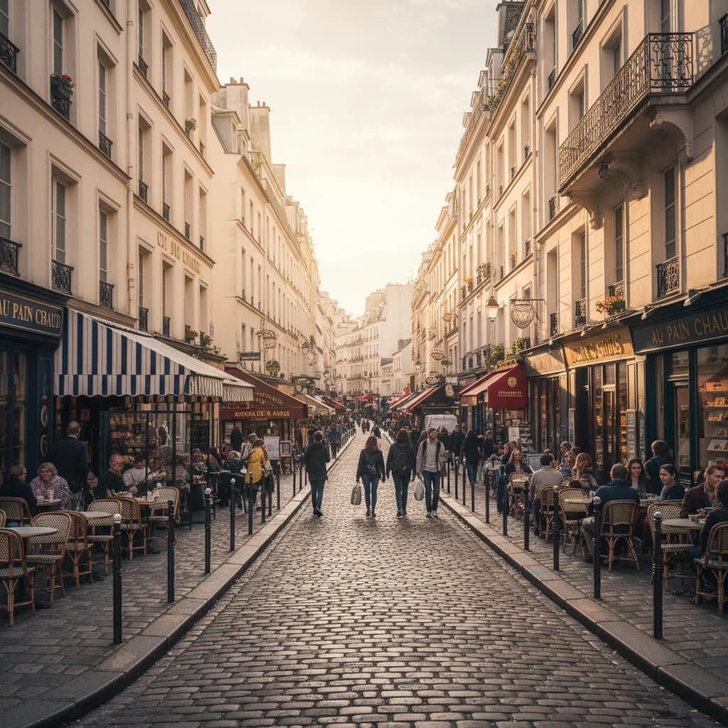 Street photo of Paris Montmartre street with cafes