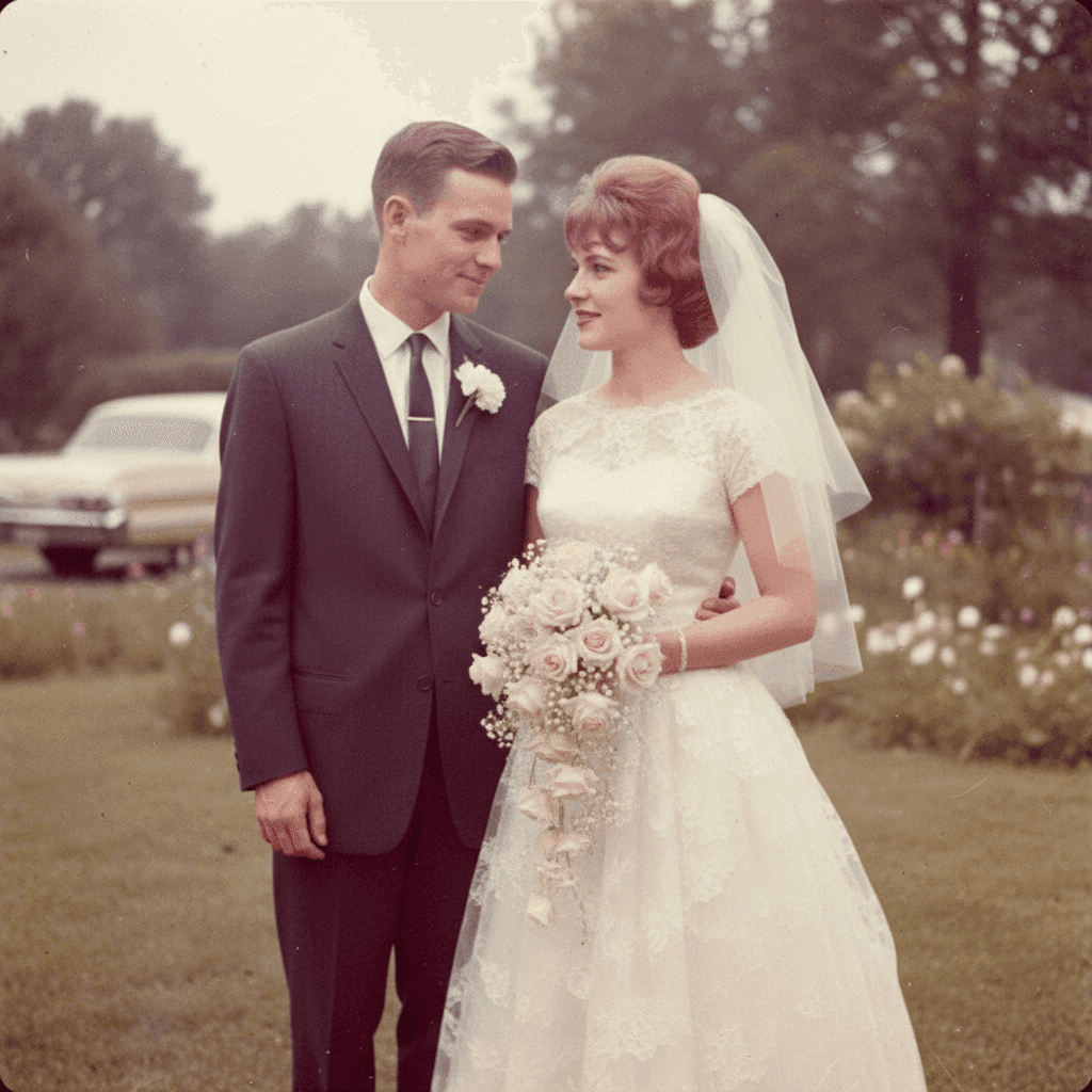 1960s wedding photo before restoration - faded colors