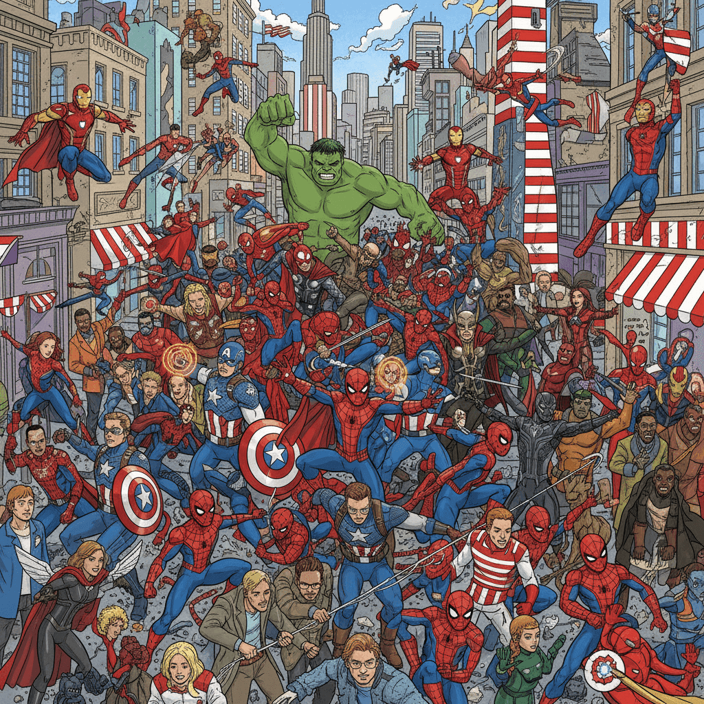 Marvel superheroes Where&apos;s Waldo poster with 50+ characters