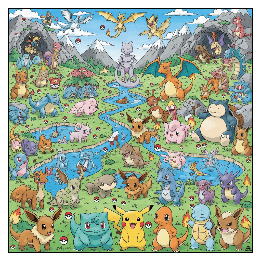 Pokemon Generation 1 Where&apos;s Waldo style poster with 151 characters