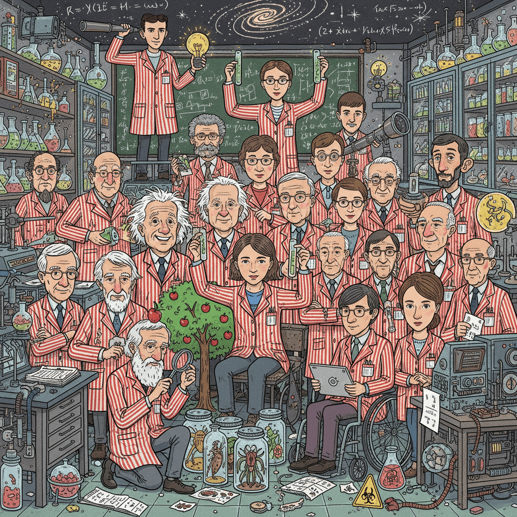 Famous scientists through history in Where&apos;s Waldo puzzle format