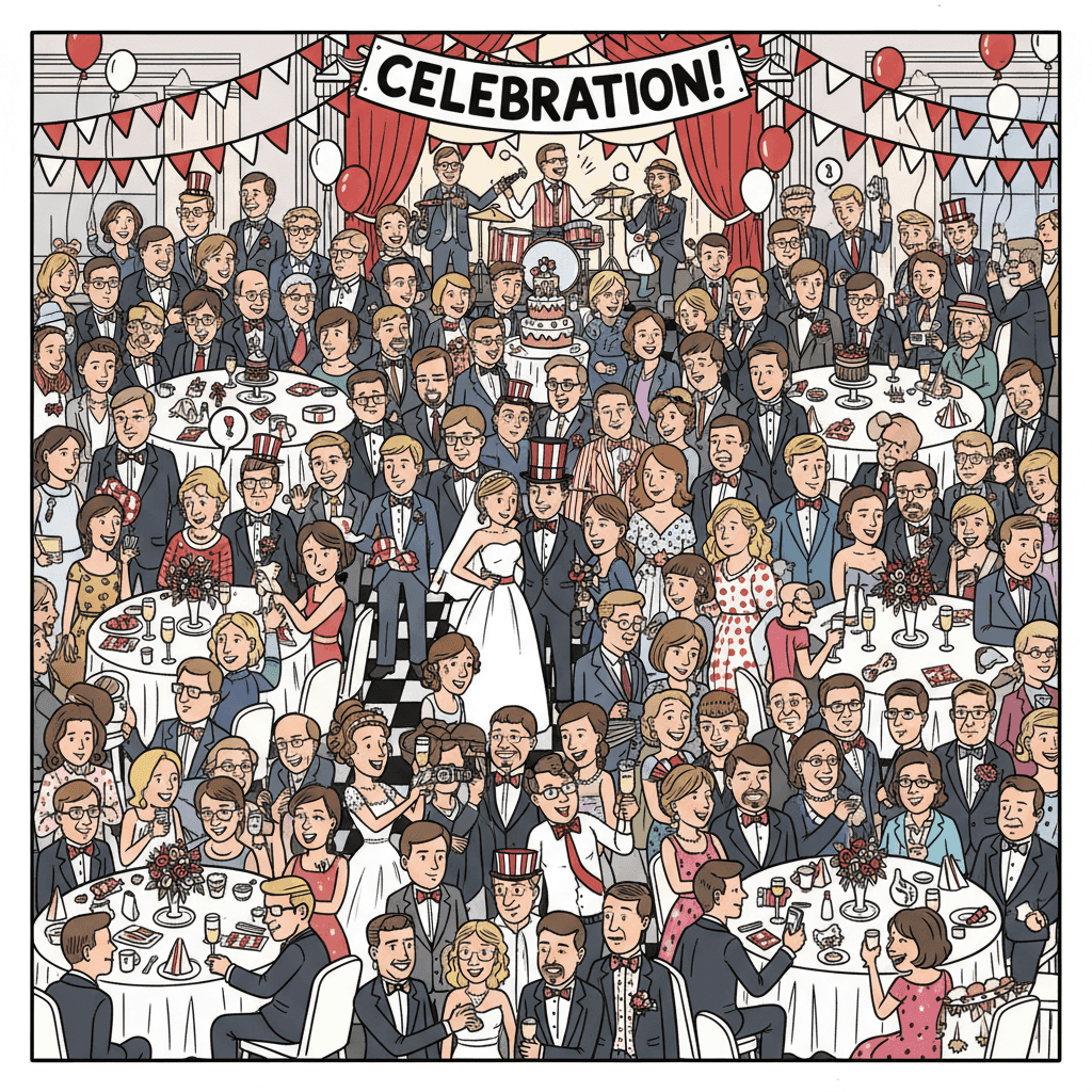 Where&apos;s Waldo style wedding poster with 40+ guests - Find the bride and groom puzzle