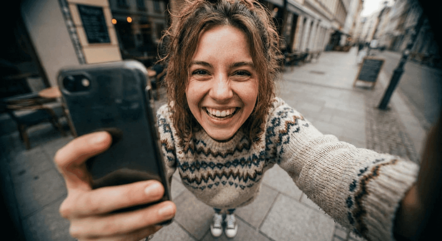 Casual selfie transformed into wide angle portrait with playful from-above camera angle and fisheye perspective