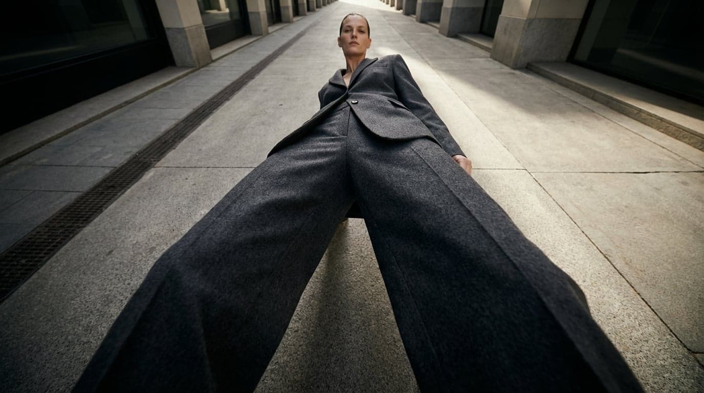 Fashion photography portrait with extreme wide angle perspective creating bold editorial dramatic effect