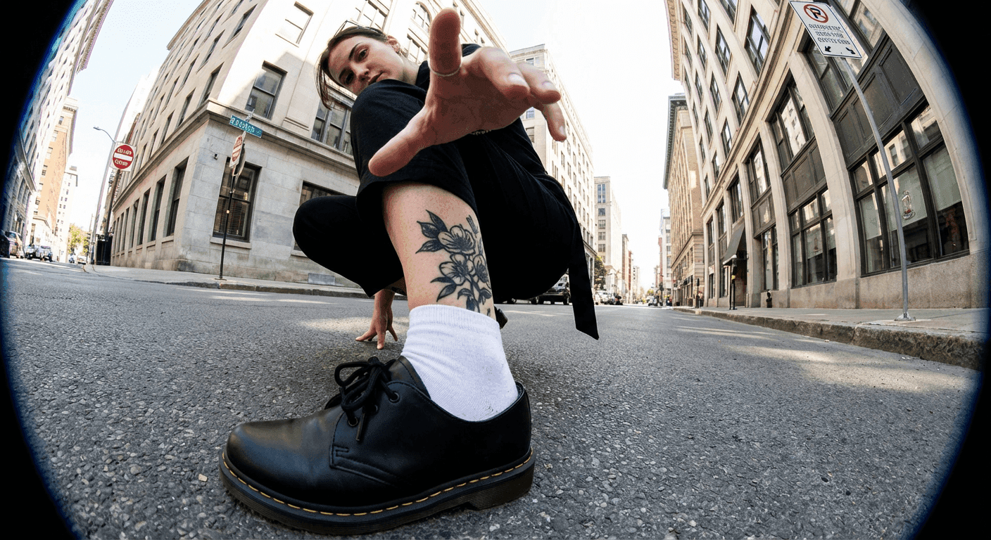 Wide angle portrait example - social media Instagram photo transformed with dramatic from-below perspective and fisheye effect