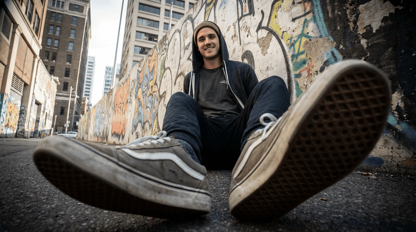 Street photography wide angle portrait with GoPro-style extreme perspective distortion in urban setting