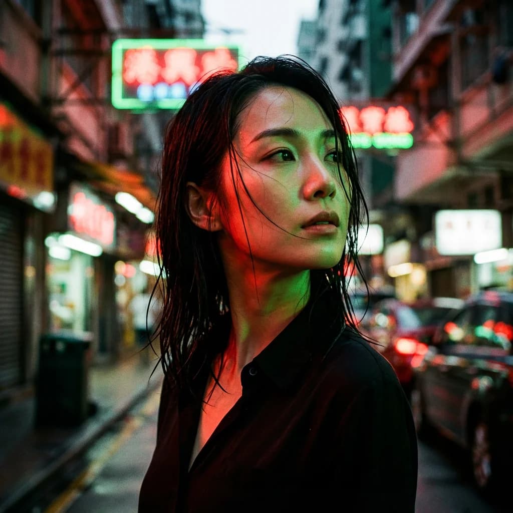 Wong Kar-wai style Neon Street portrait