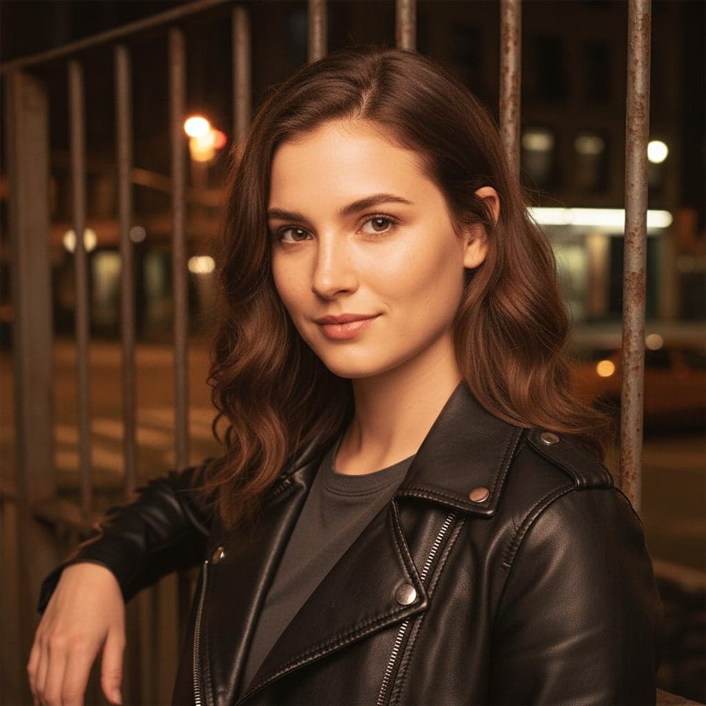 Y2K night flash portrait of woman in leather jacket - after