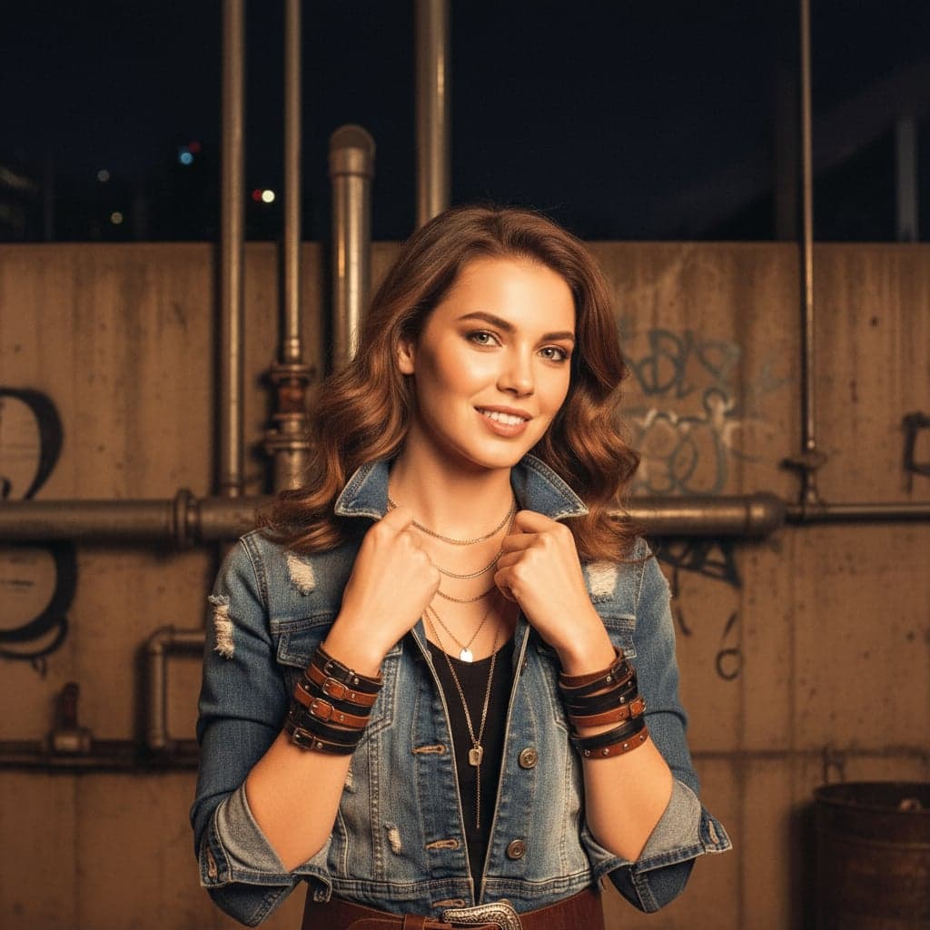 Y2K night flash portrait with denim and leather - after