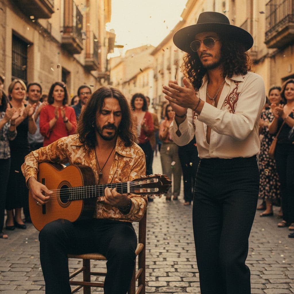 Full Performance - Establishes context with two performers, golden hour outdoor plaza, handheld camera feel