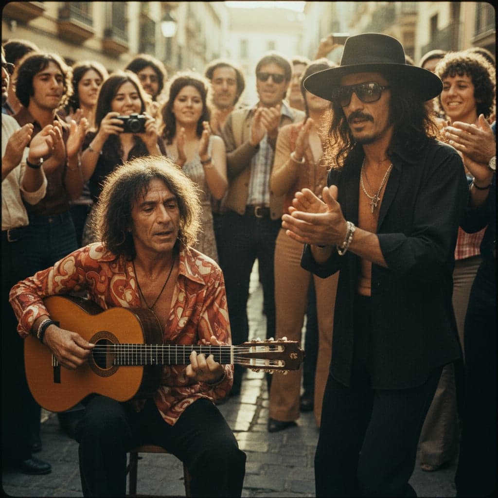 Passionate duo master shot - guitarist and dancer on tablao stage