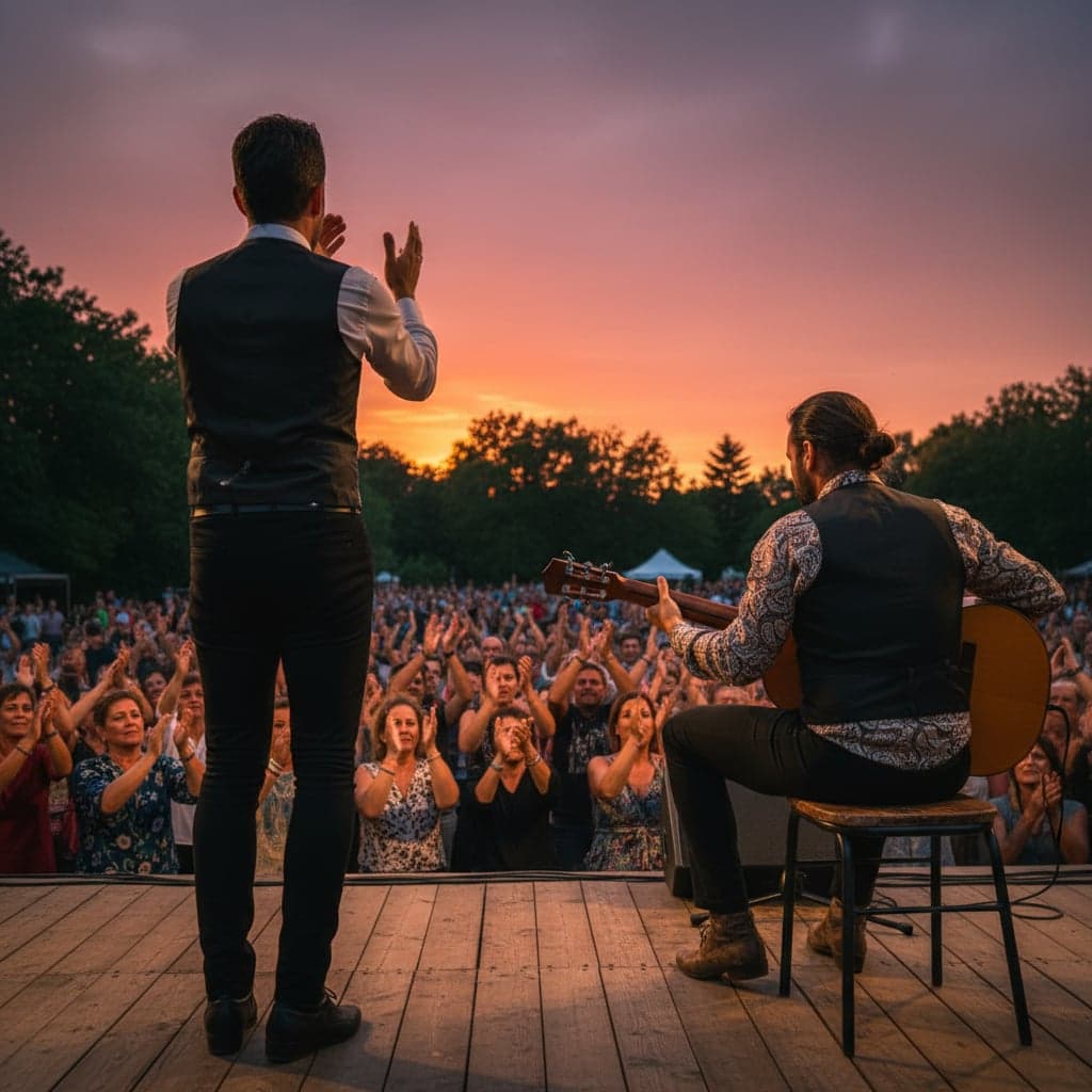 Rear view of duo performing for engaged audience