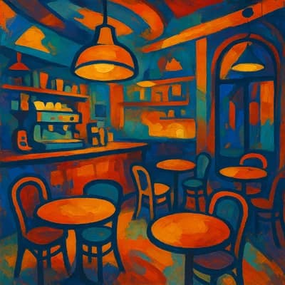 AI generated abstract art style artwork showing a cozy coffee shop interior - Free text to image generator result
