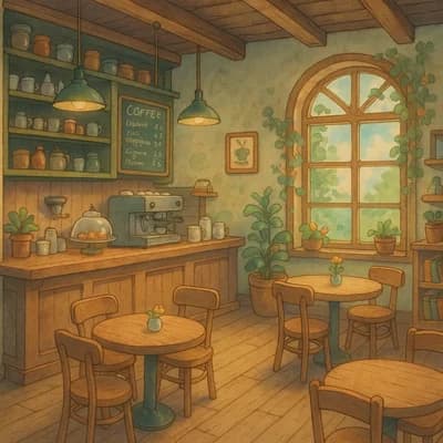 AI generated studio ghibli style artwork showing a cozy coffee shop interior - Free text to image generator result