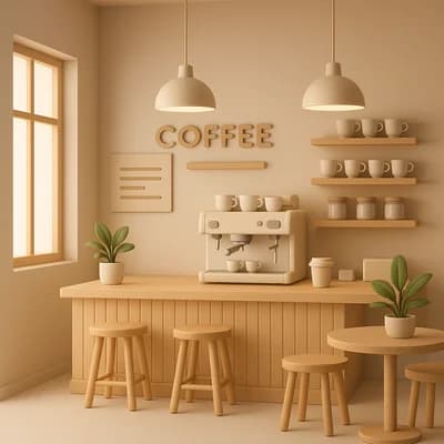 AI generated minimalist 3d style artwork showing a cozy coffee shop interior - Free text to image generator result