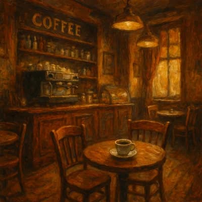 AI generated oil painting style artwork showing a cozy coffee shop interior - Free text to image generator result