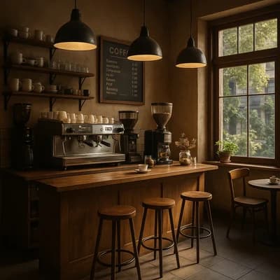 AI generated photorealistic style artwork showing a cozy coffee shop interior - Free text to image generator result