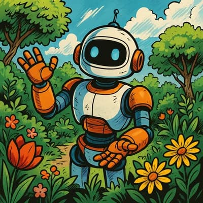 AI generated comic book style artwork showing a friendly robot in a garden - Free text to image generator result