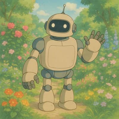 AI generated studio ghibli style artwork showing a friendly robot in a garden - Free text to image generator result