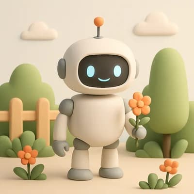 AI generated minimalist 3d style artwork showing a friendly robot in a garden - Free text to image generator result