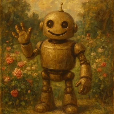AI generated oil painting style artwork showing a friendly robot in a garden - Free text to image generator result